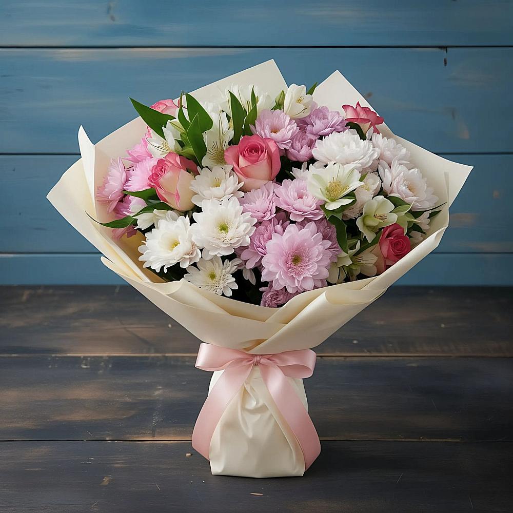 Букет цветов из: Хризантемы, Альстромерии и Розы в Марфино